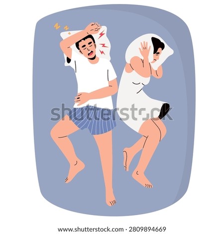 Couple in Bed with Snoring Man and Annoyed Woman Illustration