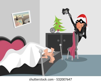 Couple in bed and spy in Santa hat