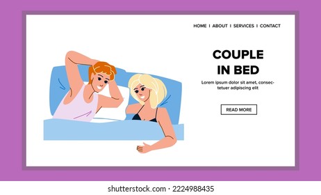 couple in bed vector. bedroom love, home morning, relationship together, happy young adult boyfriend couple in bed web flat cartoon illustration