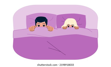 Paar im Bett, Vektorgrafik. Liebesschlafzimmer, Beziehungsheim, Morgenromantik, glücklicher Mann, jugendliches, im Bett liegendes Paar. Menschen mit flacher Zeichentrickdarstellung