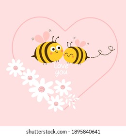 Couple of bee in love, daisy flower on pink background vector illustration. Cute cartoon Valentine's elements.