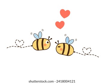 Couple bee in love and red hearts isolated on white background vector illustration.