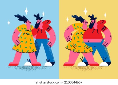 Couple before and after diet. Young man and woman do sports lose weight show good results of nutrition and calorie count. Healthy lifestyle. Wellness concept. Flat vector illustration. 
