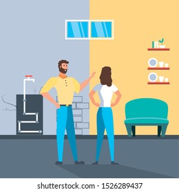 couple with before and after home under construction vector illustration design