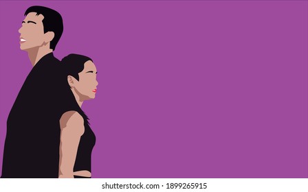 a couple from behind, looking in opposite directions with the purple background. hand drawn illustration of boy-girl man-woman in three colors. ideal for banner, web ads, in different postures.