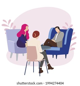 Couple being consulted by psychologist about divorce, family psychotherapia, vector relationship crisis psychological, wife and husband have a go solve problem illustration