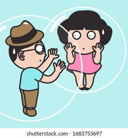 Couple Being Forced To Stay In A Bubble Which They Cannot Leave. Human Had Been Held In Solitary Confinement To Protect Spreading Virus Concept Card Character illustration