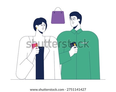 A couple being generous with each other, cartoon vector illustration of money being spend.