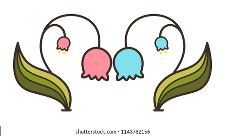 a couple of bell flower is face-to-face like as a heart; the left is a pink and the right is a blue. there are yellow pollens and green leaves. opposite concept. symmetric design. vector illustration.
