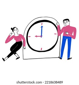 The couple is between a big clock. Hand drawn vector illustration.