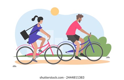 Couple with bicycles on sunny day. Good weather outdoor leisure time cartoon vector illustration