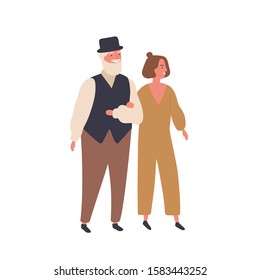 Couple With A Big Age Difference Flat Vector Illustration. Smiling Pair Walking Together, Wife And Husband. Relationship, Love, Age Range Concept. Aged Man And Young Woman Cartoon Characters.