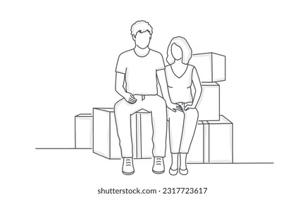 Couple with big cardboard box. Family during relocation. Hand drawn vector illustration.