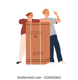 Couple with big cardboard box, moving to new home with bought house appliance, stuff packed in large carton package. Family during relocation. Flat vector illustration isolated on white background