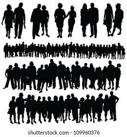 Couple And Big Group Of People Vector Silhouette On A White Background