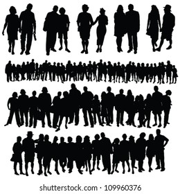 couple and big group of people vector silhouette on a white background