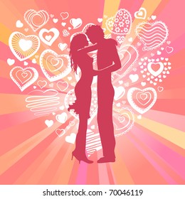 Couple and big heart made of small ones