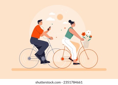 Viaje en bicicleta con pareja. Caricatura vectorial en un estilo plano de un joven sonriente que monta en bicicleta. Aislado en segundo plano