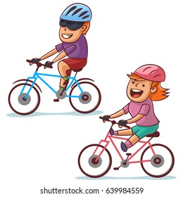 Couple bike riding. Happy boy and girl cycling. Healthy lifestyle and bicycle sport. Vector cartoon illustration isolated on white background.