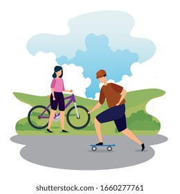 couple with bike and skateboard in landscape vector illustration design - Shutterstock ID 1660277761