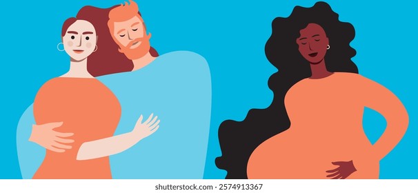 Couple with BIPOS surrogate pregnant woman as family planning and in vitro fertilization concept, flat vector stock illustration with IVF