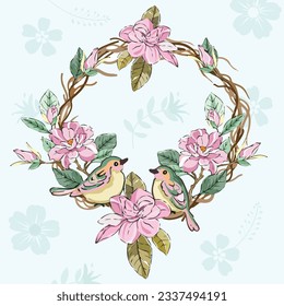 A couple bird in pink flower wreath