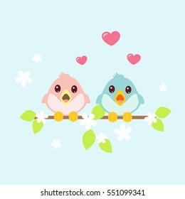 Couple of Birdies sing songs about love on a branch with green leaves and white florets and looking each other with love. Vector illustration for Valentine's Day greeting card design