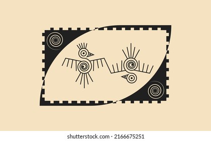 couple of birds Aztec sign isolated ancient religion symbol. Vector Maya fantastic animal retro icon. American culture totem, tribal ethnic mascot. Mexico history pattern, indian or peruvian bird