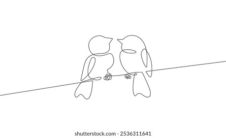 Couple of Birds. Cute Birds Together Simple Black One Line Silhouette on White Background. Concept for Valentine`s Day and Greeting Card, Logo, Minimalist Design. Vector Illustration
