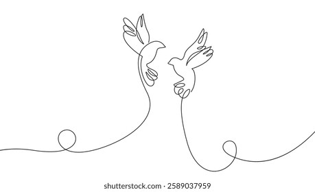 Couple of Birds Flying Together. Birds Flying Simple Black One Line Silhouette on White Background. Concept for Minimalist Design. Vector Illustration. Not AI