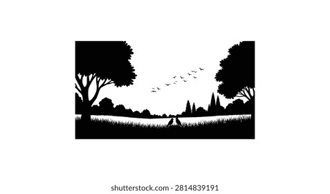 Couple birds in grassy meadow with trees and flying birds in sky silhouette for peaceful nature scenery and landscape design.