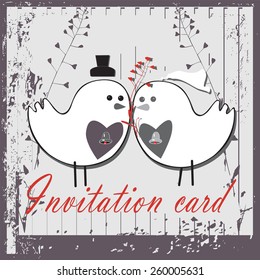 Couple  of birds with heart are holding  branch of windflower on vintage background. Invitation card.