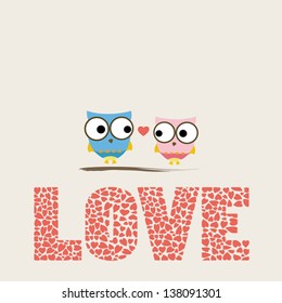 Couple of birds with heart pattern on love alphabet.