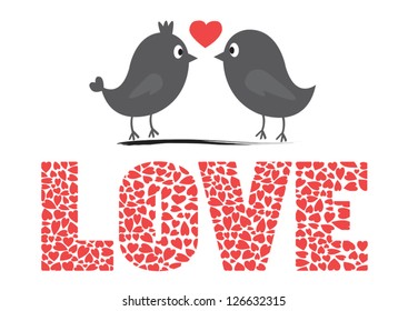 Couple of birds with hearts pattern on love alphabet on white background.