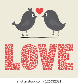 Couple of birds with hearts pattern on love alphabet. 