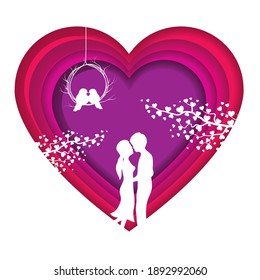 Couple and birds kissing in heart design of love passion and romantic theme Vector illustration