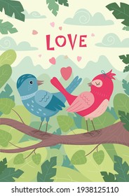 Couple Of Birds In Love - Card, Poster, Illustration. Hand Drawn