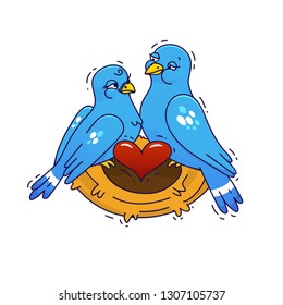 Couple of birds in love in the nest.Vector Illustration for Valentine's day.  
