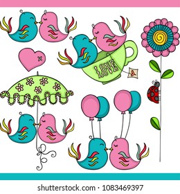 Couple birds in love set digital elements