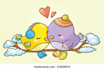 Couple of birds in love, sitting on a branch of tree.