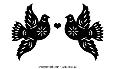 Un par de pájaros enamorados. Plantilla para corte de papel. Palomas folclóricas ornamentales y corazón entre ambos. Mejor para tarjetas de felicitación, corte por láser, desconexión. Ilustración vectorial de plantilla.