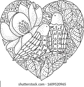 Couple of birds monochrome doodle vector illustration. Valentine love card