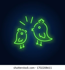 Couple of birds neon sign. Two pink birds with yellow crest twittering to each other on brick wall background. Vector illustration in neon style for topics like love, spring, nature