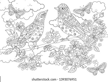 Couple Birds On Branch Blossom Tree Stock Vector (Royalty Free ...