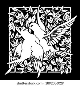 Couple Birds on a branch, laser cutting template. Floral pattern, Oriental silhouette ornament, wall art, screen, panel fence, gate, coaster - Vector coaster design
