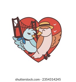 Couple of birds, romantic theme hand drawn vector illustration