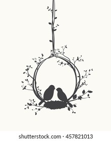 Couple Birds Silhouette With Tree And Birdcages