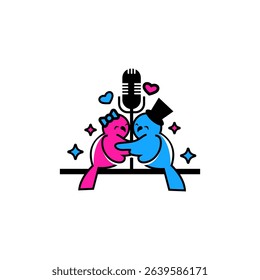 Couple Birds Singing With Microphone Clipart Symbol. Love Birds Podcast Vector Illustration.