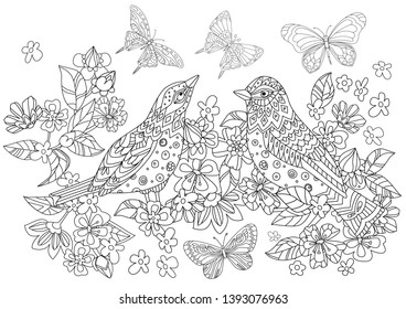 couple of birds in spring flowers and butterflies for your coloring book