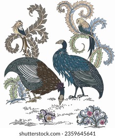 a couple of birds standing next to each other on top of a grass covered field with flowers and plants; cloisonnism, a silk screen, Charles Maurice Detmold, birds